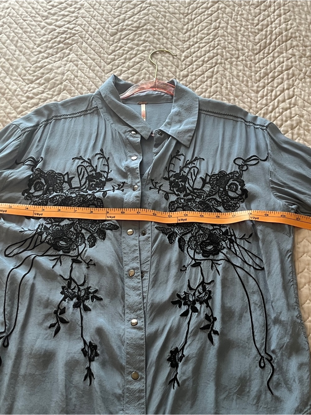 Free People Light Blue Snap Shirt with Black Floral Embroidery - Picture 7 of 10